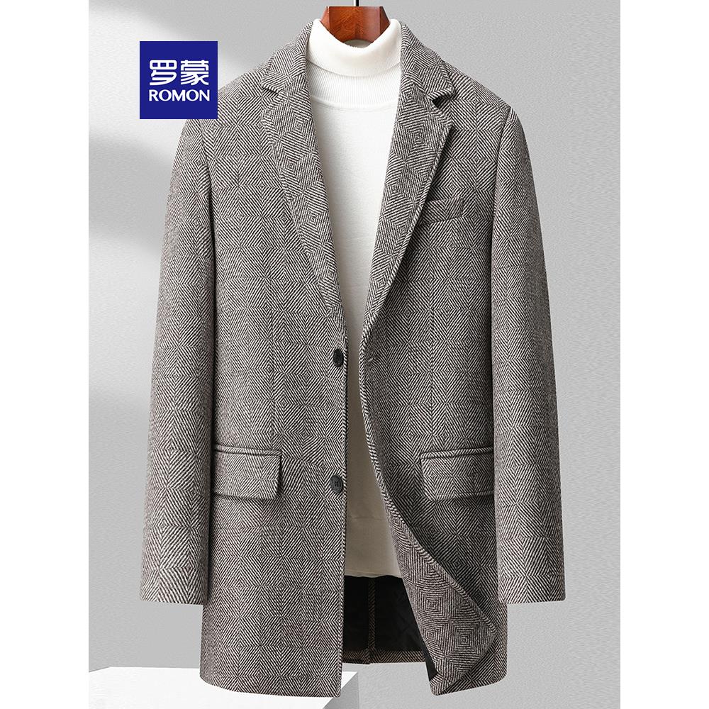 罗蒙人字格纹毛呢大衣男士加棉保暖中长款羊毛呢子外套中年爸爸装