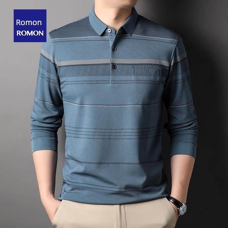 罗蒙中年polo衫男翻领带口袋春秋季2024新款长袖T恤爸爸秋装上衣