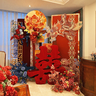 新中式婚房布置装饰背景板路引龙凤农村院子红色高级卧室kt板定制