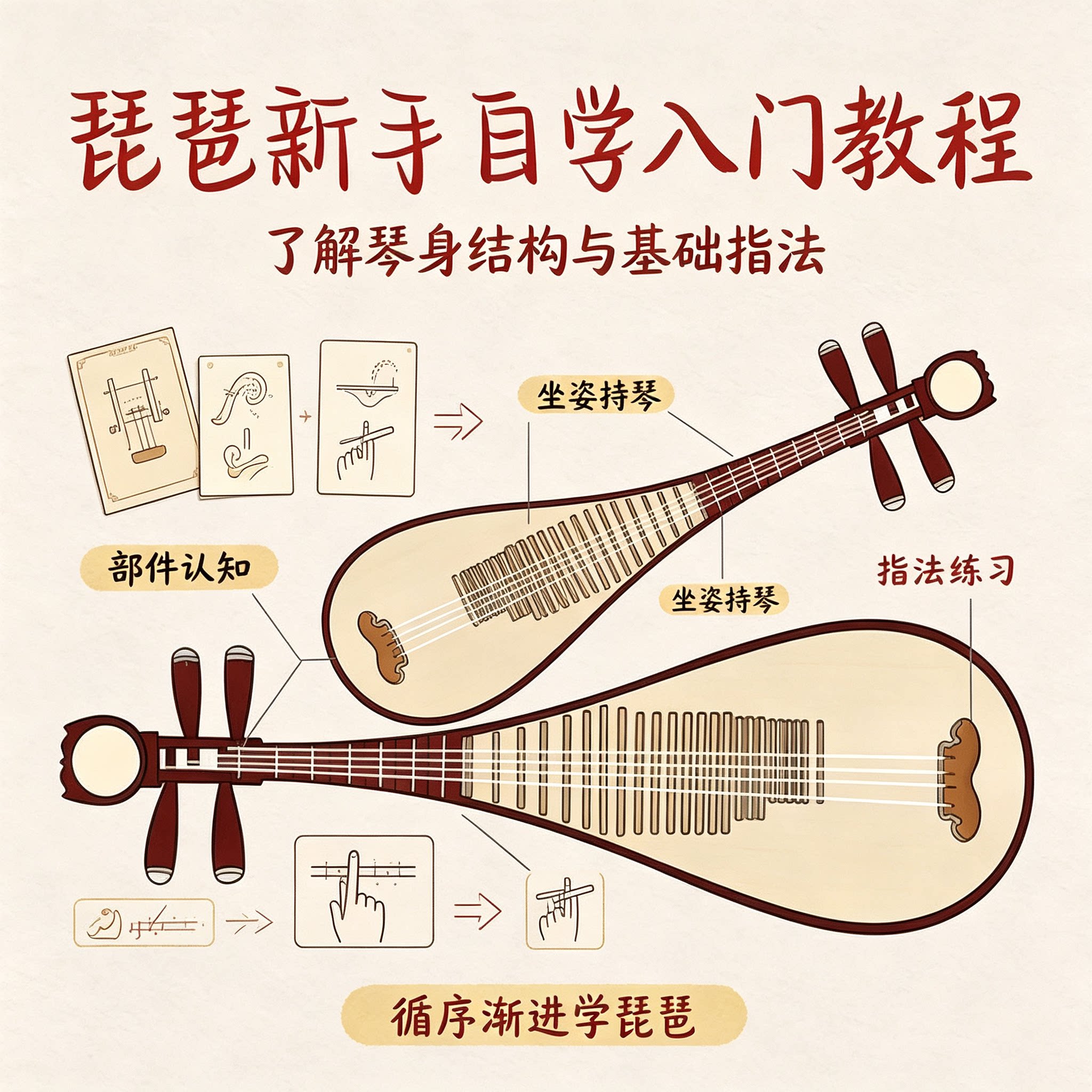 琵琶新手自学入门教程琴身结构认知坐姿持琴指法练习循序渐进学习