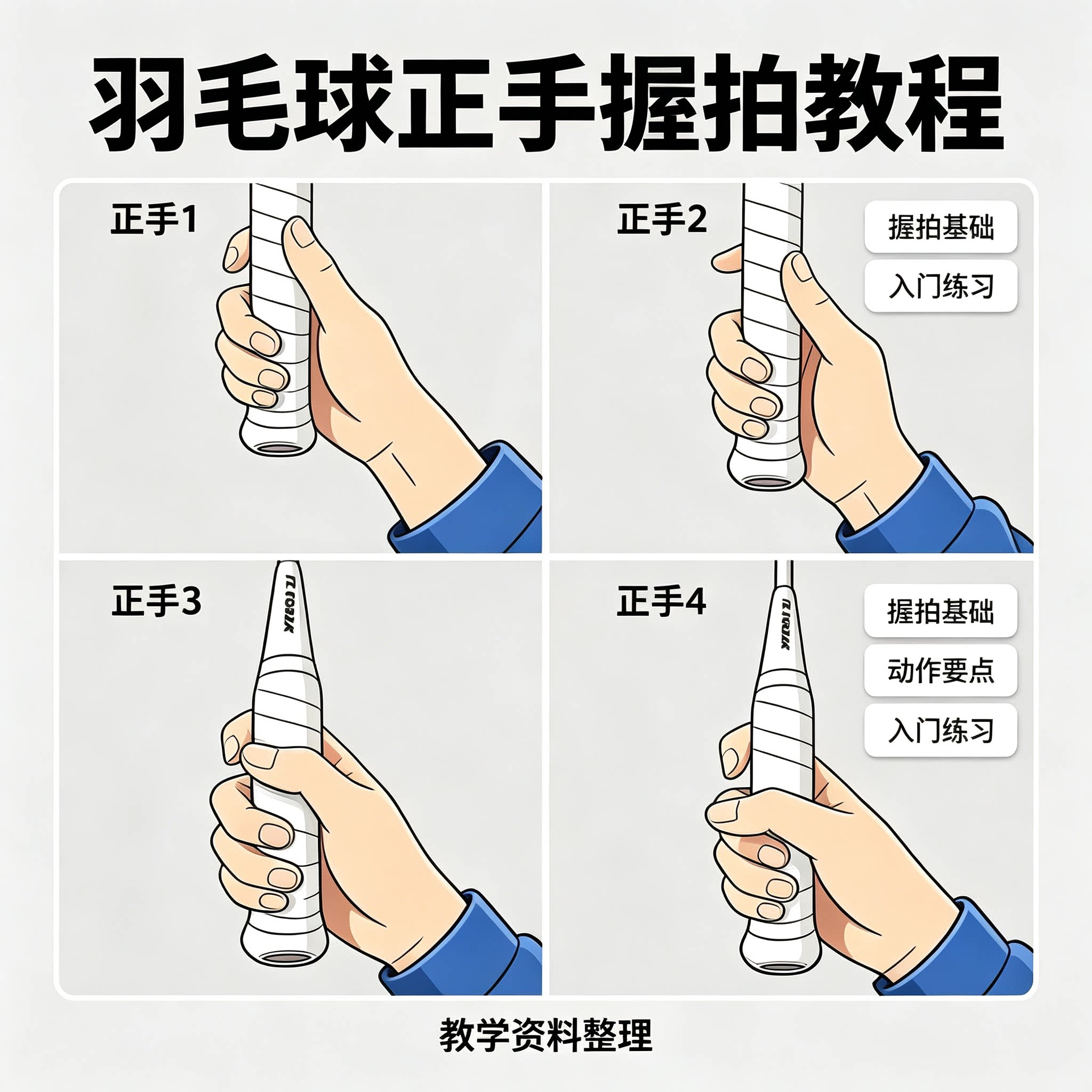 羽毛球正手握拍基础教程入门练习动作新手零基础自学打球教学资料