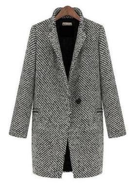 Winter Women Houndstooth Woolen Coats Single Breasted Stand