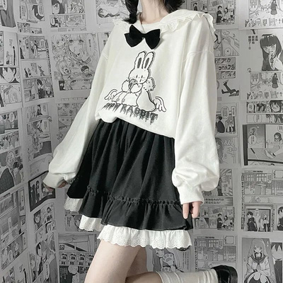 HOUZHOU Kawaii Mini Skirts Women Lolita Lace Ruffle Patchwor