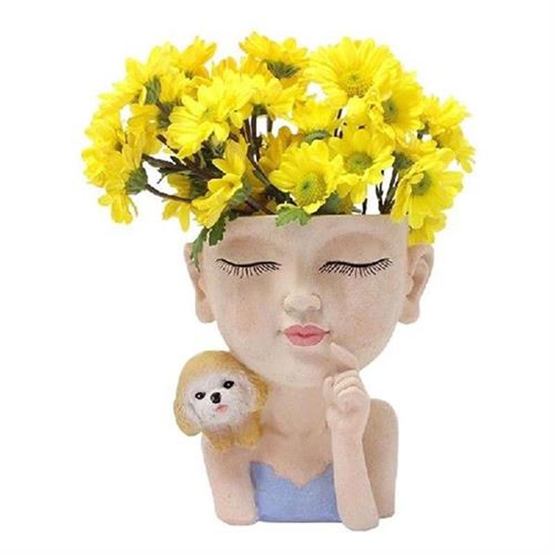 Girls Face Head And Dog Flower Pot Succulent Plant Resin