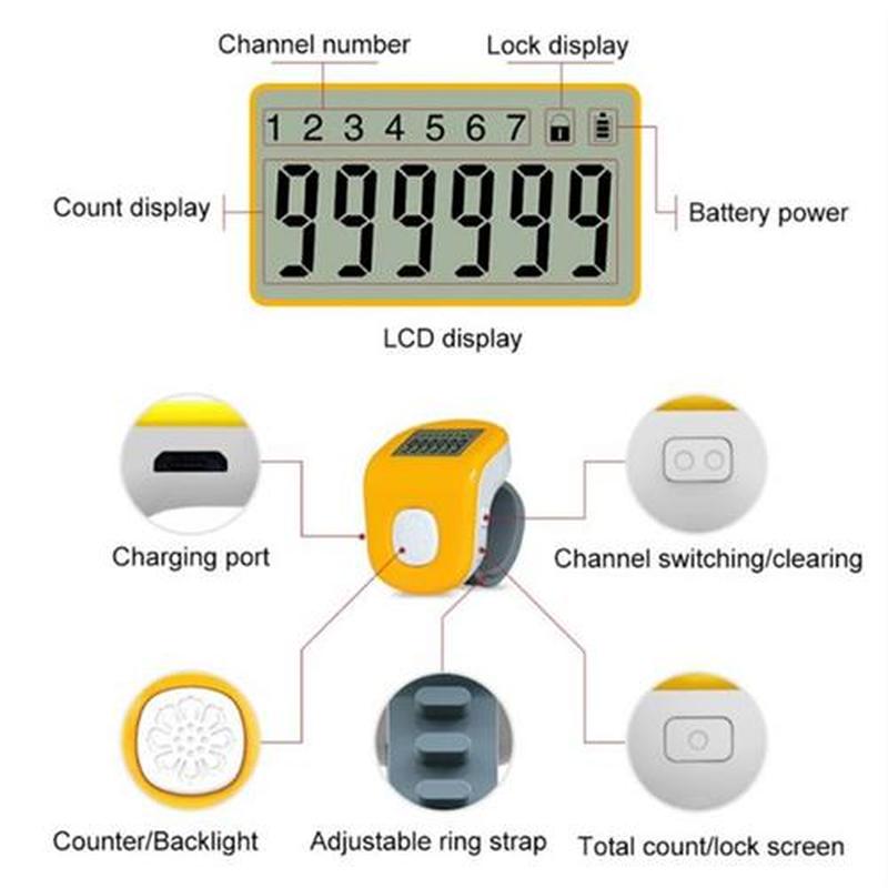 Rechargeable 7-Channel 6-Digit Finger Prayer Counter LCD Sil