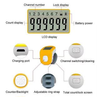 Rechargeable 7-Channel 6-Digit Finger Prayer Counter LCD Sil