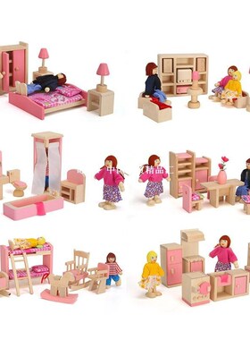 Wooden Miniature Dollhouse Furniture Toys Set Bedroom Kitche