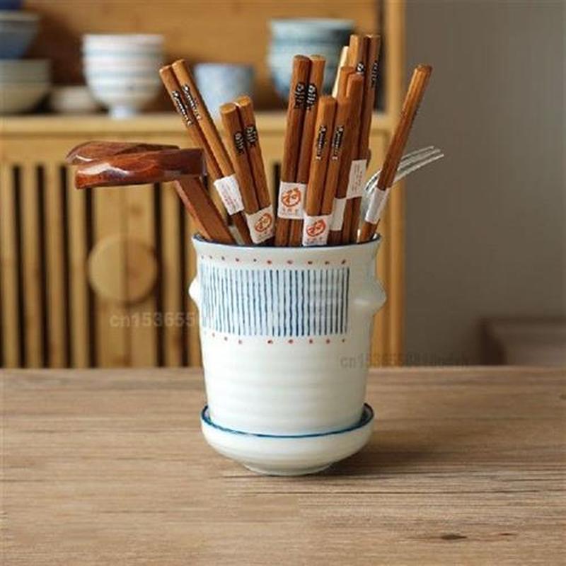 Ceramic Kitchen Cutlery Storage Tube with Drainer Bottom