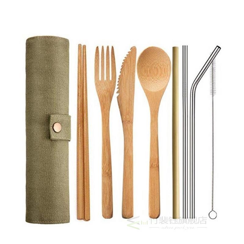 Wooden Flatware Cutlery Set Bamboo Straw Dinnerware Set With