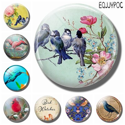 Blue Birds on A Branch 30MM Fridge Magnet Pink Flowers Glass