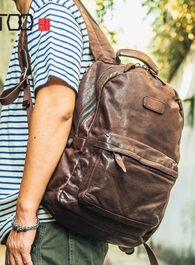 AETOO Cowhide men's doubles shoulder bag retro trendy he