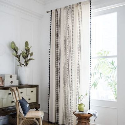 Geometric Tassel Window Curtains Semi Blackout Cotton Drapes