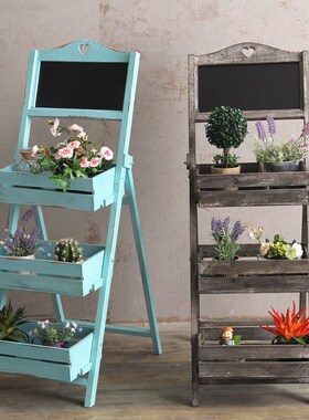 Wood Plants Stand Outdoor Indoor Ladder Shelf with Blackboar