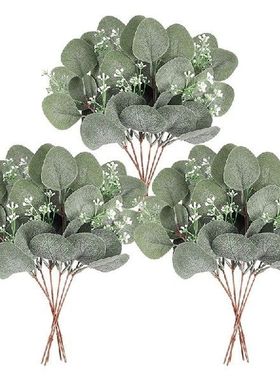 24Pcs Artificial Seeded Eucalyptus Leaves Stems Faux Silver