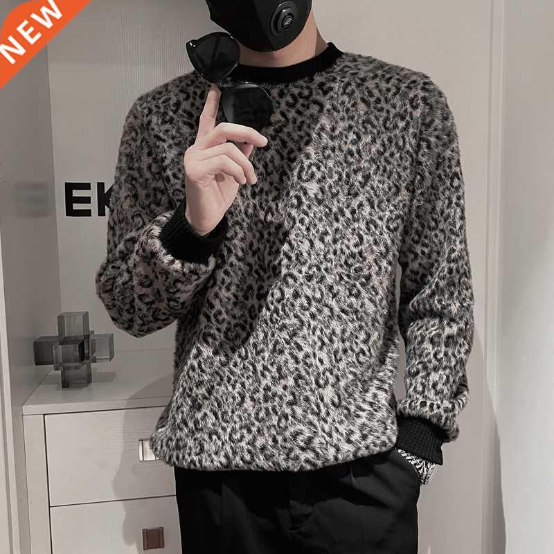 Leopard Jacquard Knitted Sweater for Men	s Autumn