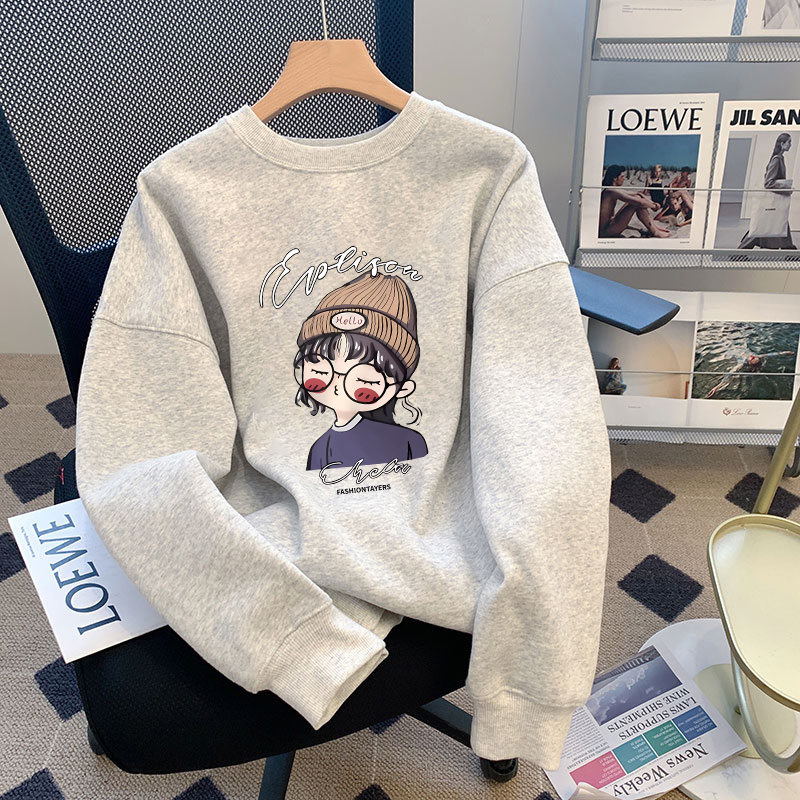 灰色卡通圆领卫衣女款秋季2025年新款爆款宽松大码小个子女装上衣