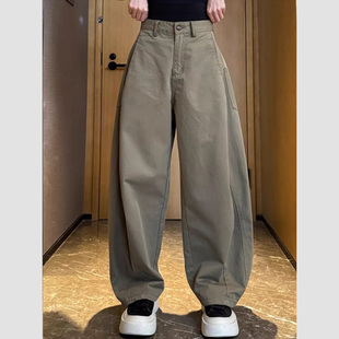 胖mm高腰宽松显瘦阔腿香蕉裤 大码 女2026春夏新款 卡其色弯刀牛仔裤