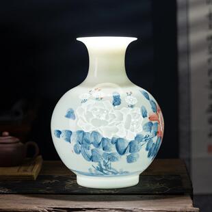 景德镇陶瓷手绘青花瓷花瓶薄胎玲珑瓷客厅玄关博古架装饰国风摆件