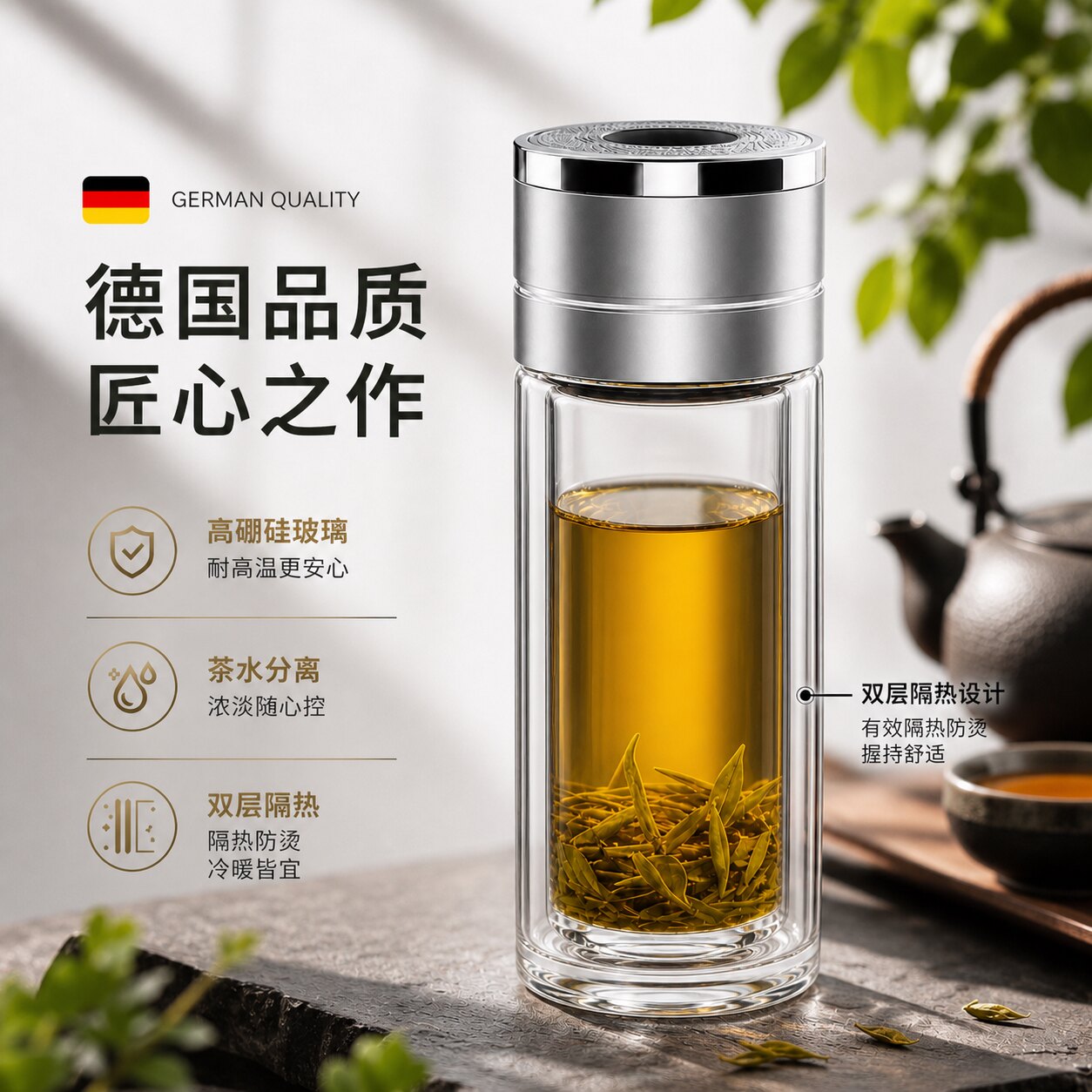 德国进口双层玻璃杯茶杯男2026新款泡茶水杯一键开盖防爆摔不烂