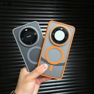 按键橙色轻奢风套 新爵磁吸 波点防滑适用华为Mate60pro手机壳mate60磨砂半透明亚克力无线充简约金属镜框