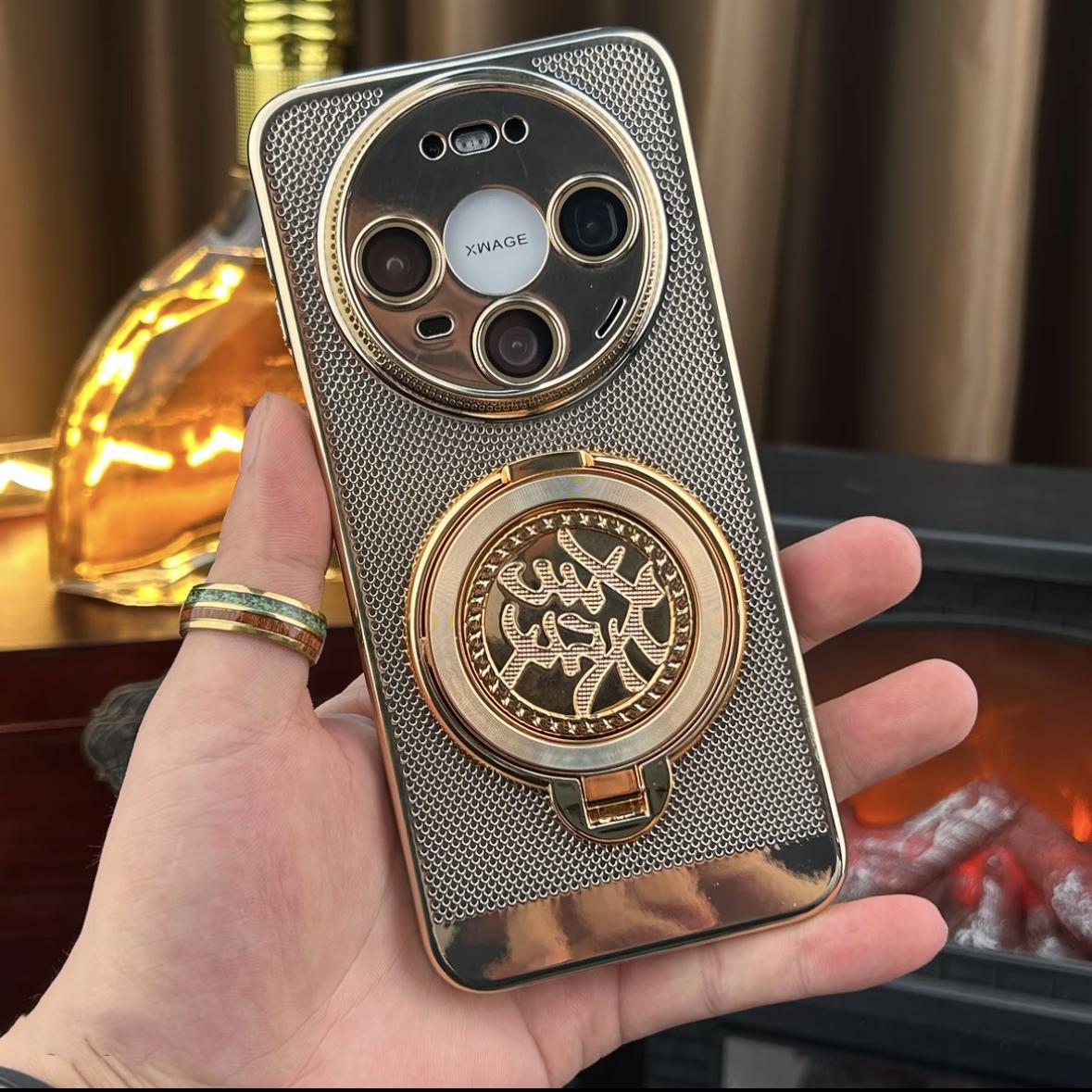 电镀金色亮面网孔散热适用华为mate80promax手机壳Mate70air带镜头膜+發字支架mate60薄款50透气40镂空30硬壳