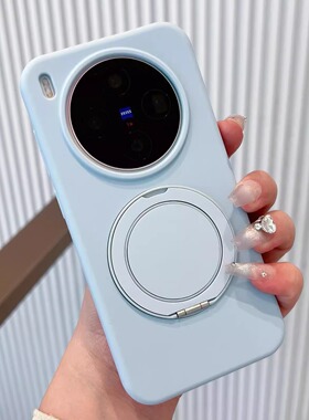 奶蓝色360°旋转支架液态硅胶适用vivoX300Pro手机壳x200promini耐脏防摔findx8s纯色Pro全包Ultra软糯保护套