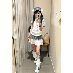 日系三重奏波点条纹拼接高腰半身裙女显瘦褶皱层次感甜美蛋糕裙