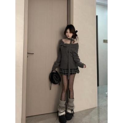 学院风灰色蝴蝶结领针织毛衣女