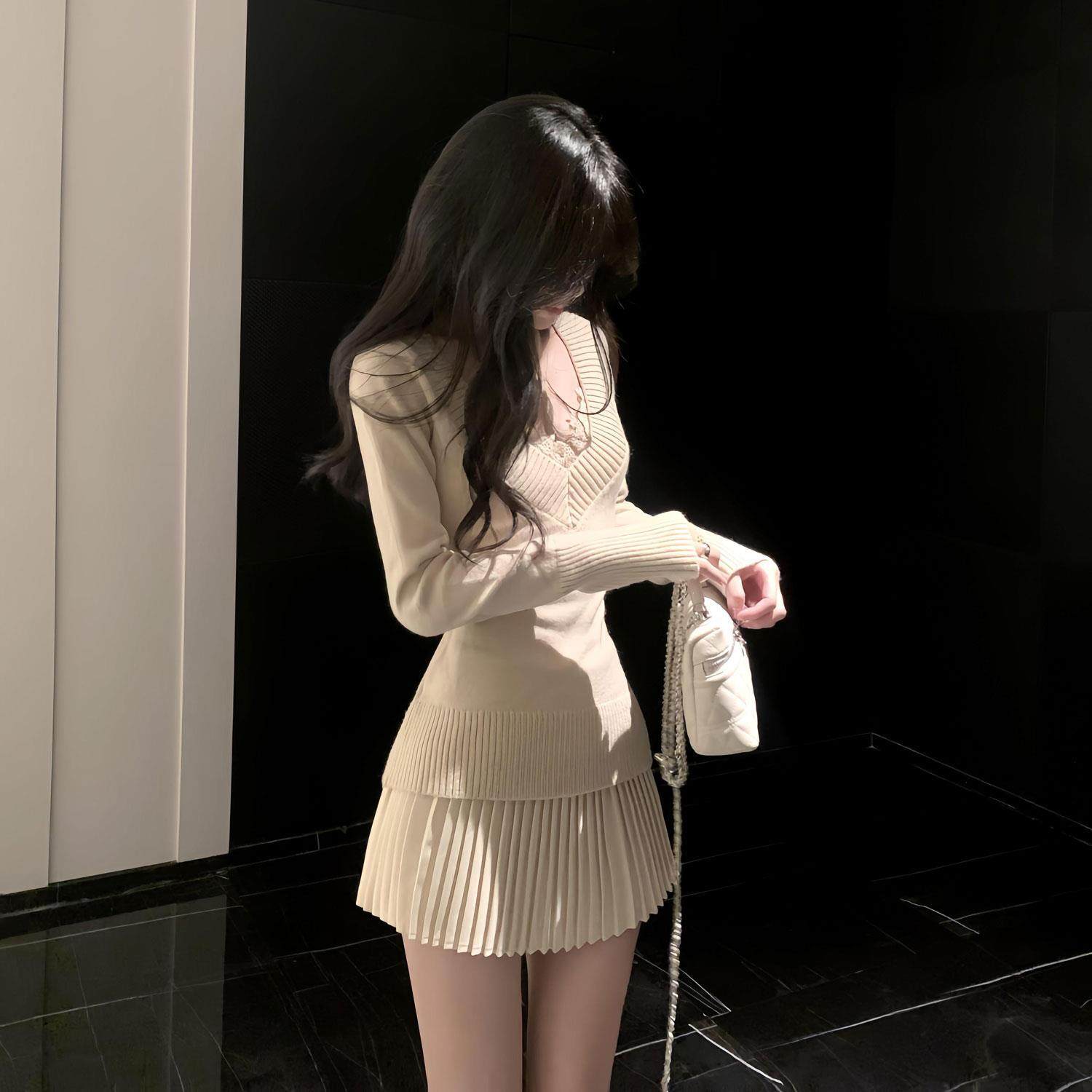 秋冬新款辣妹气质V领修身针织毛衣蕾丝吊带背心高腰半身裙两件套,女装/女士精品,时尚套装,淘宝优惠券,粉丝福利购,淘宝优惠卷