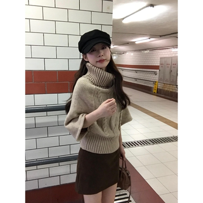 千金风麻花高领斗篷毛衣女