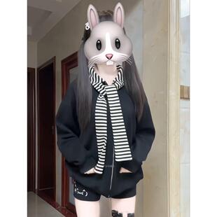 日系复古条纹兔耳朵连帽卫衣女秋冬宽松软妹拼接开衫学生百搭外套