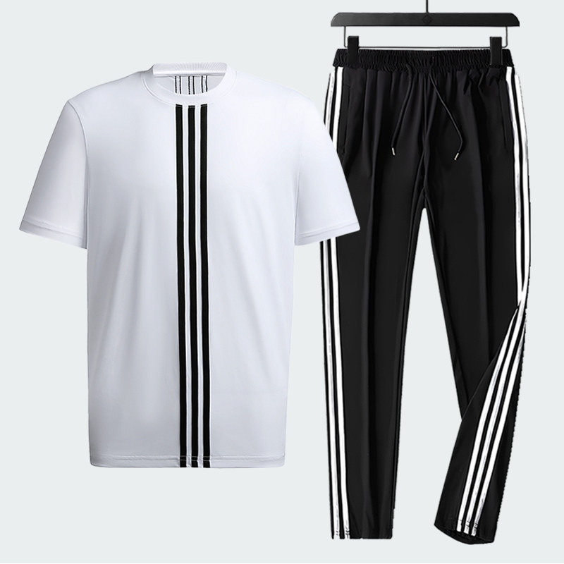 夏季三条杠情侣冰丝短袖T恤加大码男士短袖冰丝T恤短袖运动套装