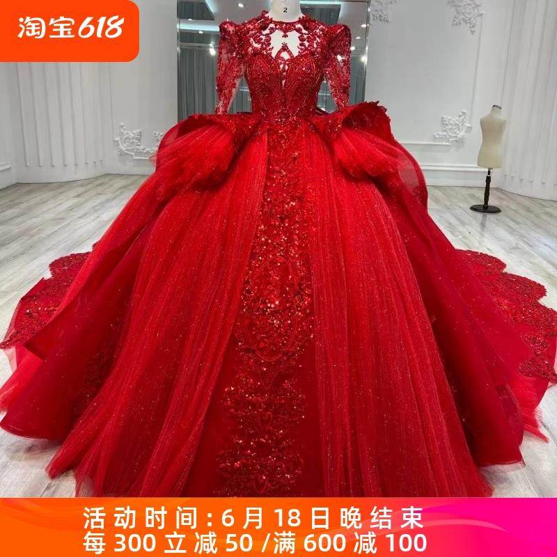 （设备配件）红色婚纱2024新款新娘主纱礼服超级重工公主大拖