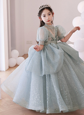 灰色女童晚礼服主持人高端钢琴演出服小女孩蓬蓬纱儿童生日公主裙