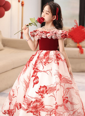 红色女童礼服轻奢小众高端钢琴演奏主持人儿童生日公主裙花童周岁