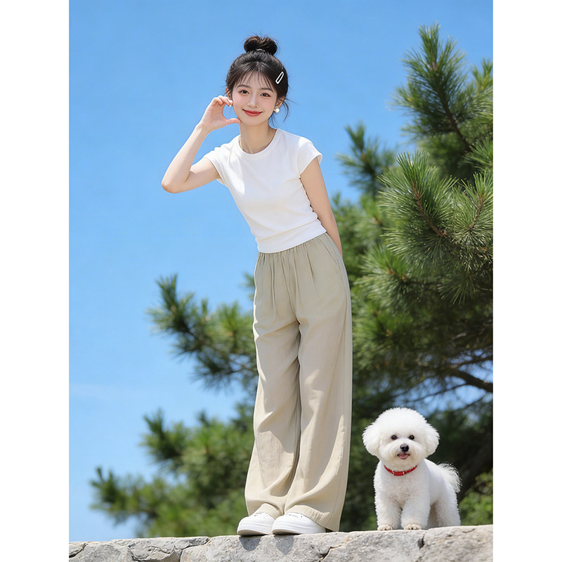 韩版修身短袖T恤女小个子2026春季新款冰丝阔腿裤山本休闲裤套装
