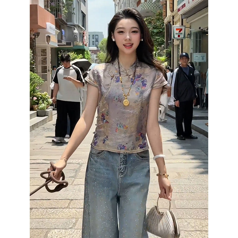 高端轻奢时尚女装夏季新款新中式国风紫色立领斜襟盘扣短袖上衣