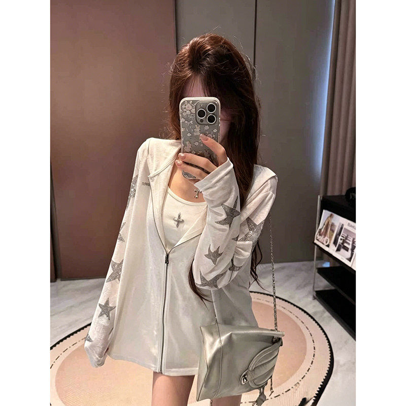 韩系复古星星连帽防晒衣外套女夏薄款休闲宽松时尚百搭慵懒风上衣