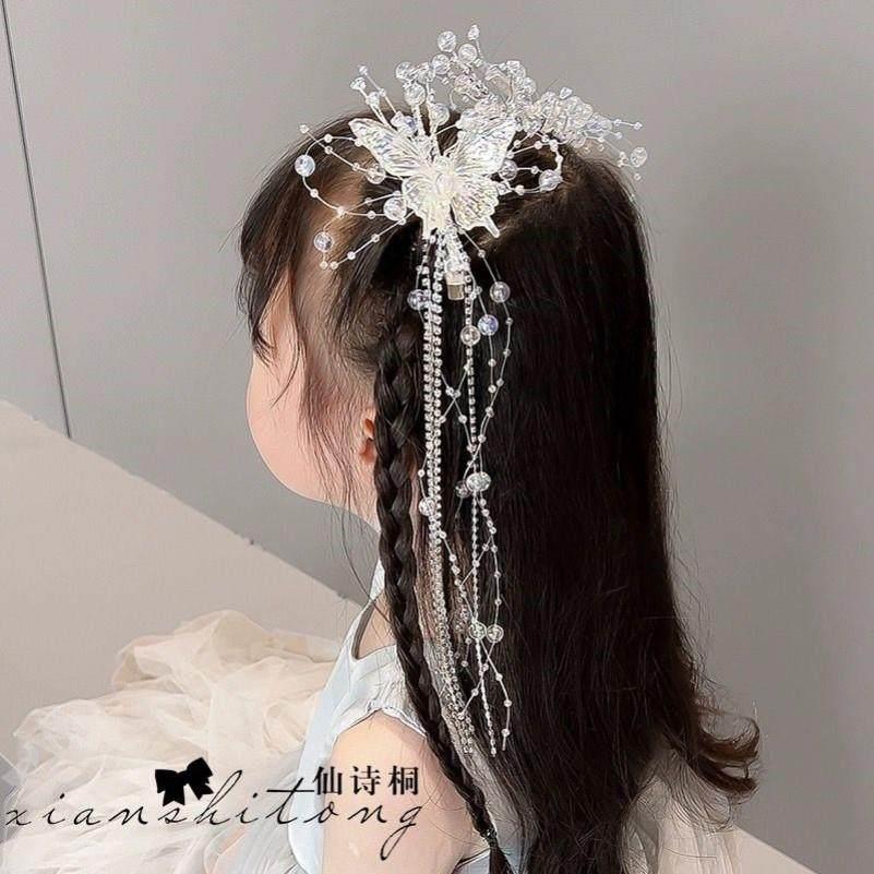 超仙蝴蝶流苏发饰女童古风汉服发夹儿童水晶演出发卡森系公主头饰