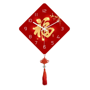 新款福气挂钟新中式免打孔家用时尚静音中国风钟表挂墙时钟中国结