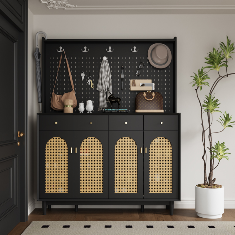 实木鞋柜带挂衣架黑色法式一体