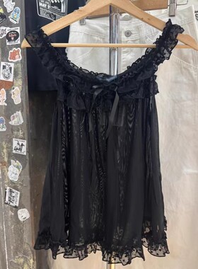 Brandy bm新款木耳花边飞袖一字肩黑色蕾丝网纱上衣BM吊带背心ins
