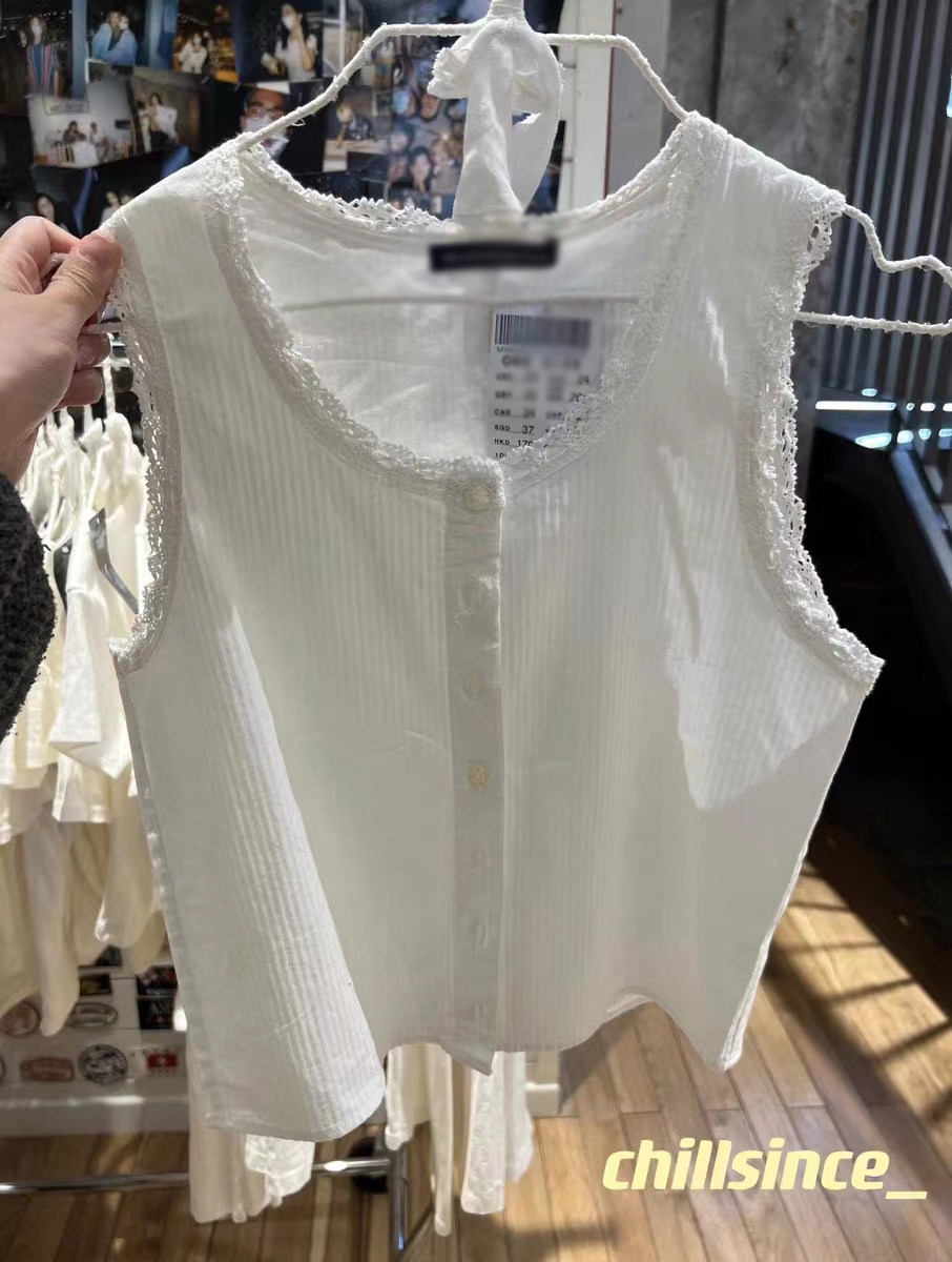Brandy BM美式蕾丝花边圆领竖条纹上衣女bm短款无袖单排扣背心夏