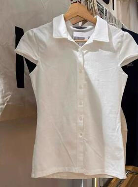 Brandybm翻领单排扣收腰衬衫上衣微弹力BM修身泡泡短袖T恤rue top