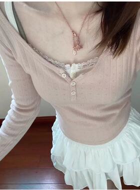 Brandy BM美式zelly top粉色三粒扣t恤 bm纯欲风镂空短款长袖上衣