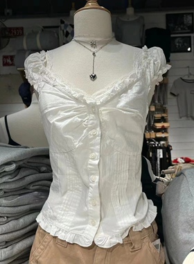 Brandy美式辣妹荷叶边V领纯棉上衣BM飞袖Tianna top内搭背心吊带