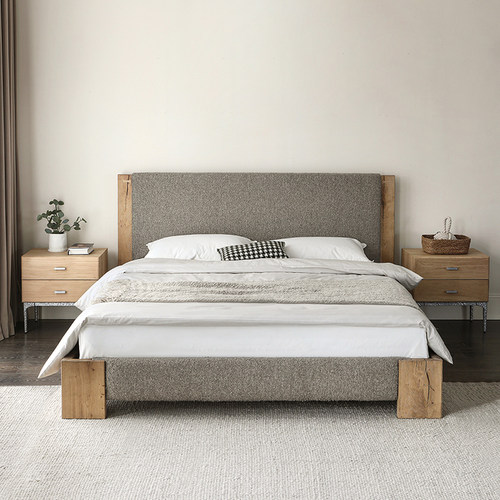 艺术符号北欧表情进口英国复古侘寂民宿BEGO实木布艺高靠背双人床