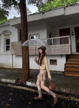 DOMX秋季2025新款韩系学院风高腰格子短裙女小个子a字百褶半身裙