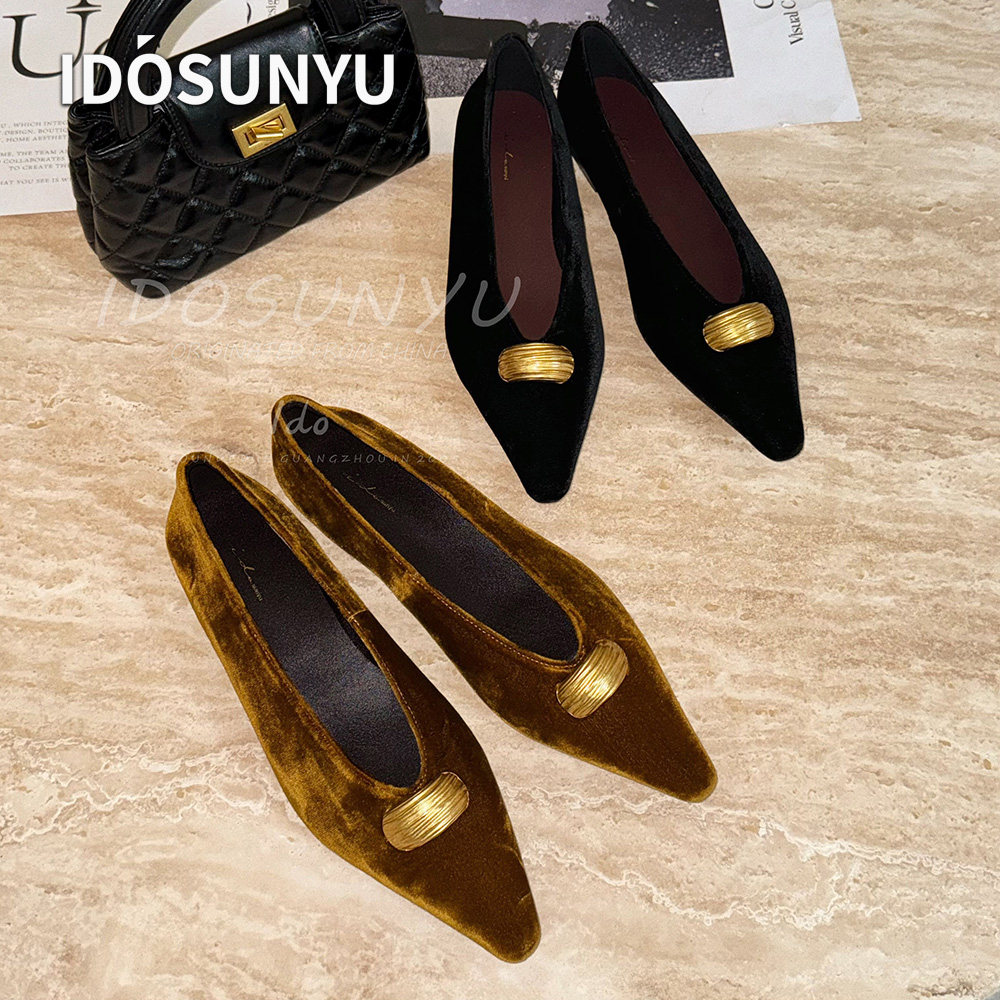 IDOSUNYU欧货复古进口丝绒布尖头金属扣平底一脚蹬女款浅口单鞋
