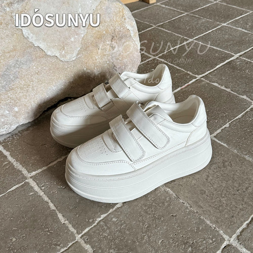 idosunyu欧货秋季新款牛皮厚底5CM小白鞋女魔术贴休闲百搭板鞋